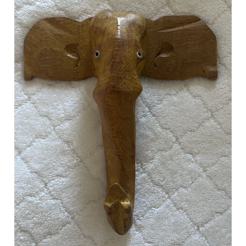 Vintage Hand Carved Wooden Elephant Coat Hook Primitive Art 6"